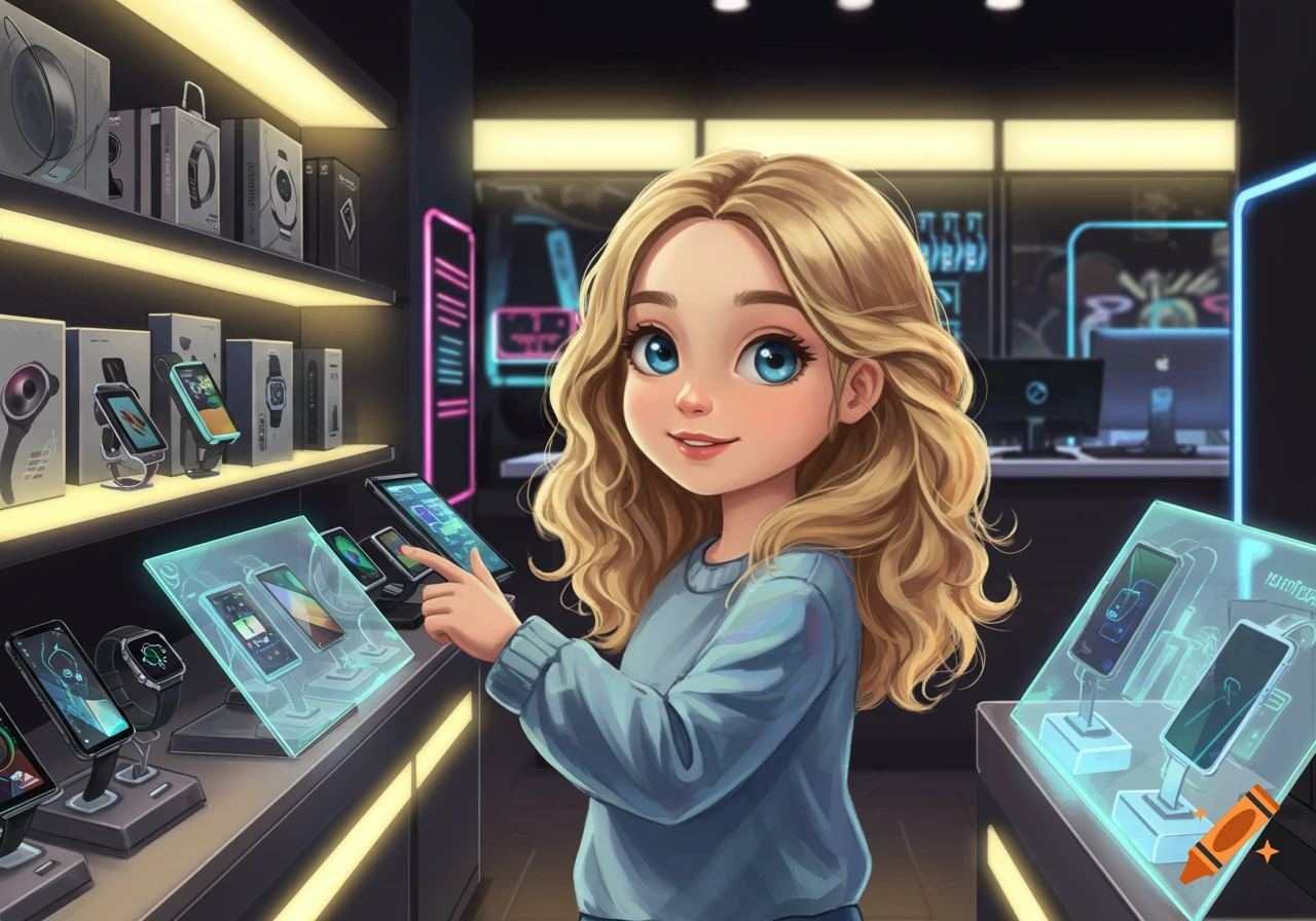A cartoon illustration of a cute blonde girl smiling and touching a display tablet in a modern electronics store.