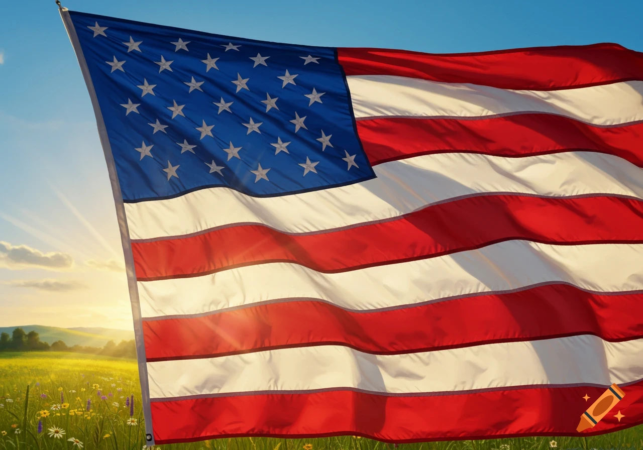 An American flag waves prominently in front of a sunny sky and a green field of wildflowers.