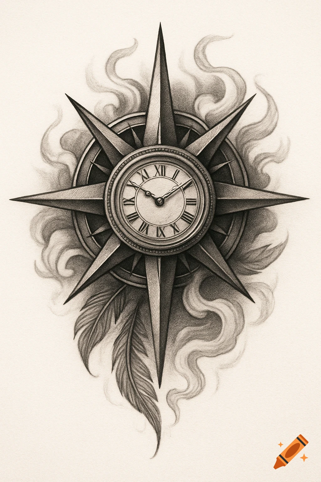 A black and white pencil sketch tattoo design of a compass with a clock dial at its center, surrounded by smoke and feathers.