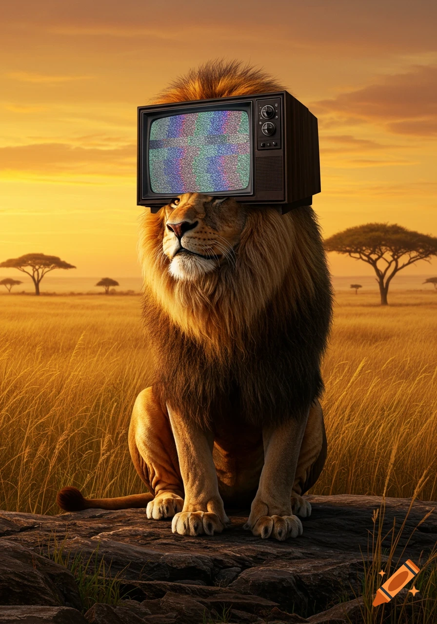 A photorealistic lion sits on a rock in a golden savanna, with an old television set balanced on its head displaying static.