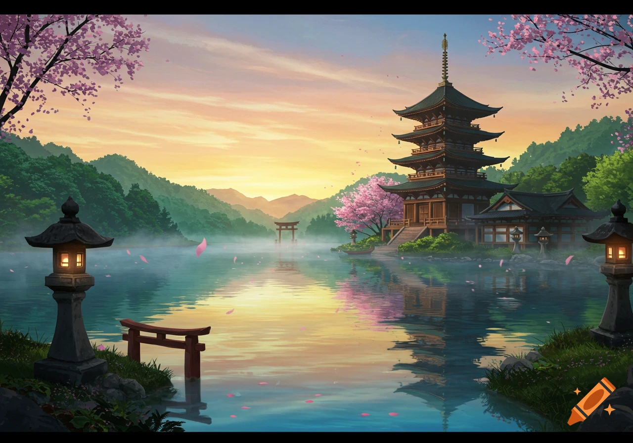 A serene Japanese landscape with a traditional pagoda temple by a misty lake, surrounded by mountains and cherry blossoms at sunrise.