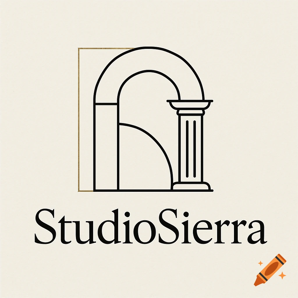 Minimalist logo for StudioSierra featuring a black line art arch and column design on a light background.