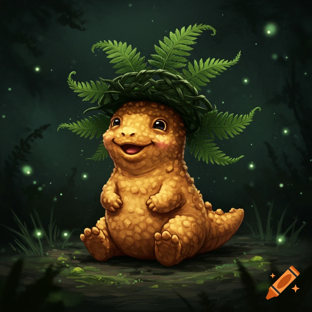 A cute, happy, orange, bumpy creature with a fern hat sits in a dark, glowing forest.