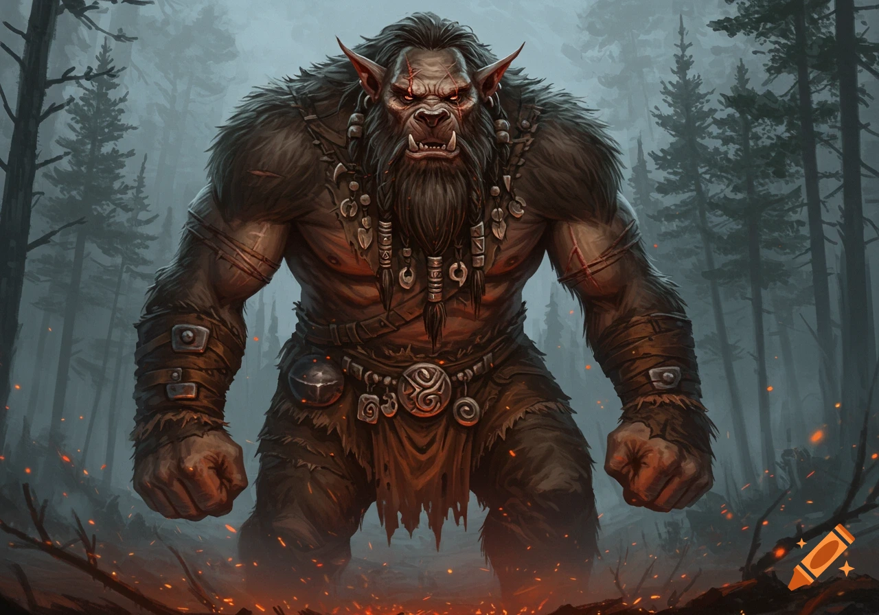 A powerful, hairy bugbear warrior with glowing red eyes and a braided beard stands in a misty forest.