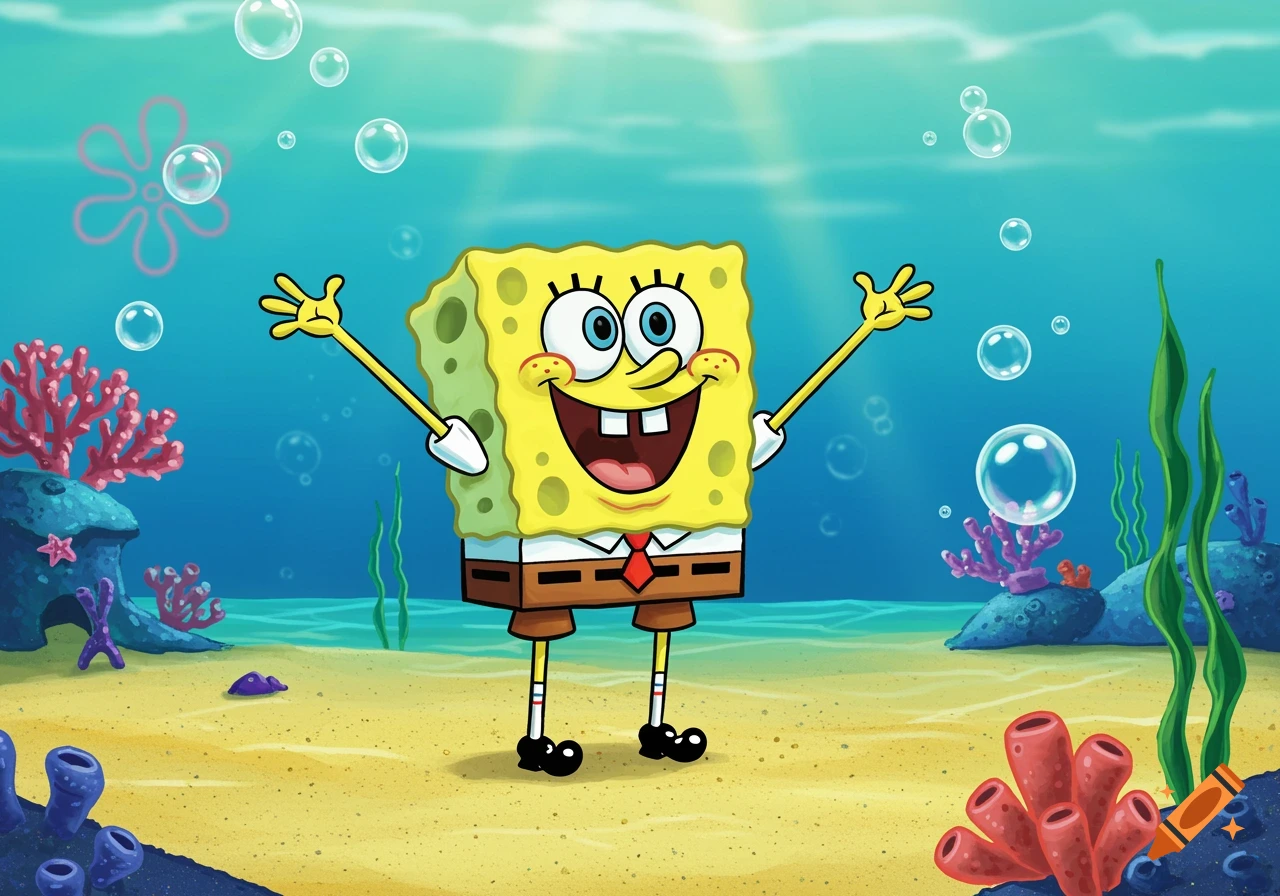 Spongebob Squarepants smiles with arms raised underwater with coral and bubbles in a cartoon style.
