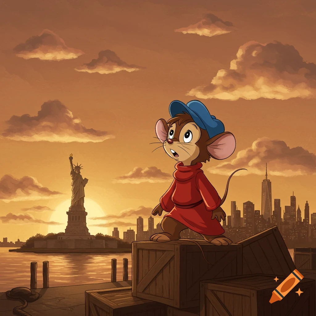 Cartoon mouse Fievel Mousekewitz on crates at a pier, Statue of Liberty and NYC skyline visible at sunset.