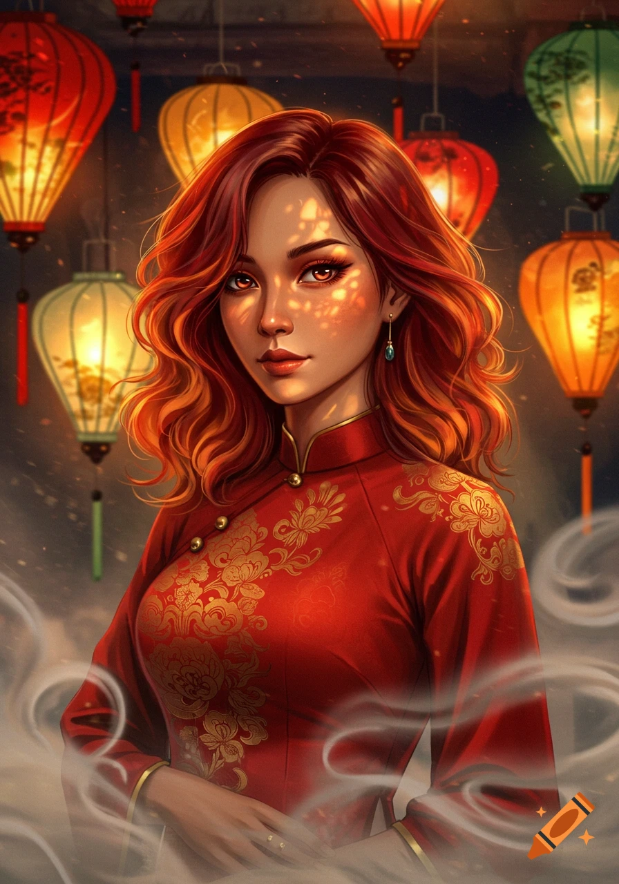 An artistic portrait of a woman with red hair wearing a red traditional Vietnamese dress, surrounded by glowing lanterns.
