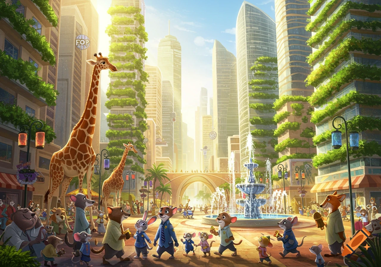 Vibrant cartoon cityscape populated by anthropomorphic animals including giraffes, mice, rabbits, and foxes.