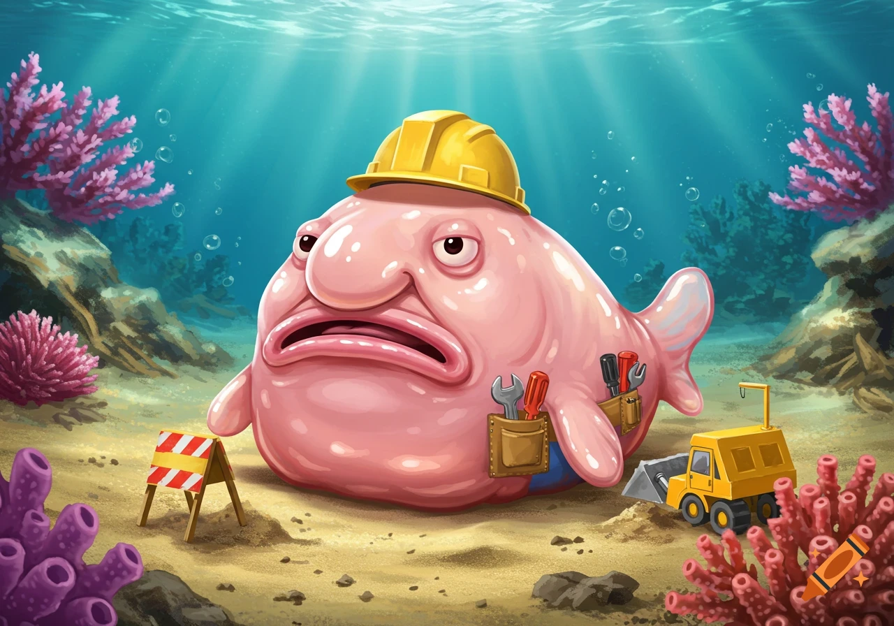 A cartoon blobfish wearing a yellow hard hat and a tool belt, standing on the ocean floor next to a small yellow excavator and a construction barrier.