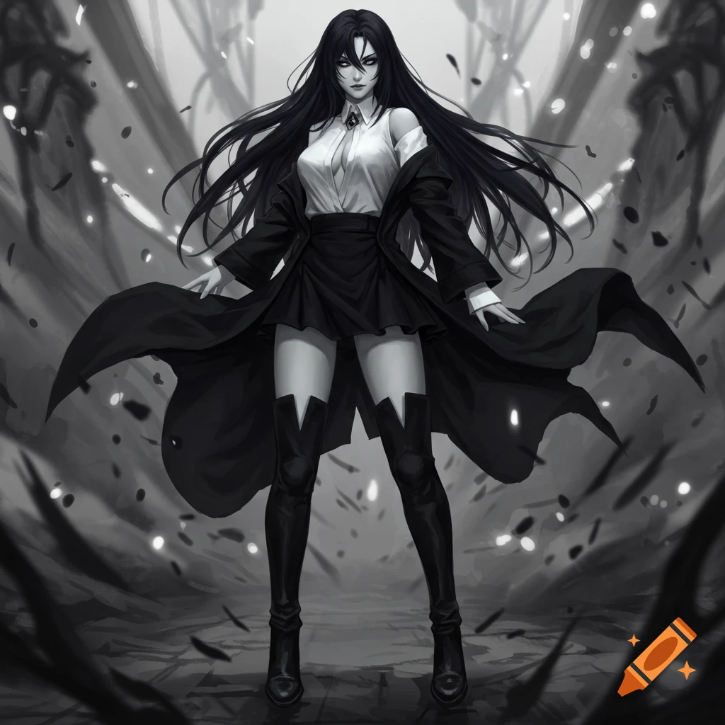 A full-body grayscale anime drawing of a woman with long black hair, wearing a white shirt, short black skirt, black robe, and black thigh-high boots, against a dark, abstract background.