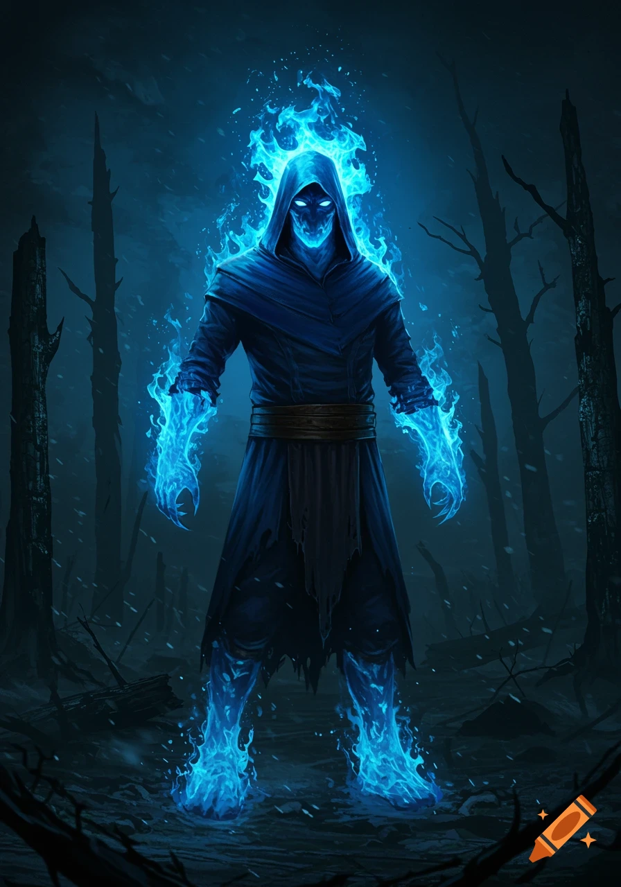 A hooded figure made of glowing blue fire stands in a dark, snowy, barren forest.