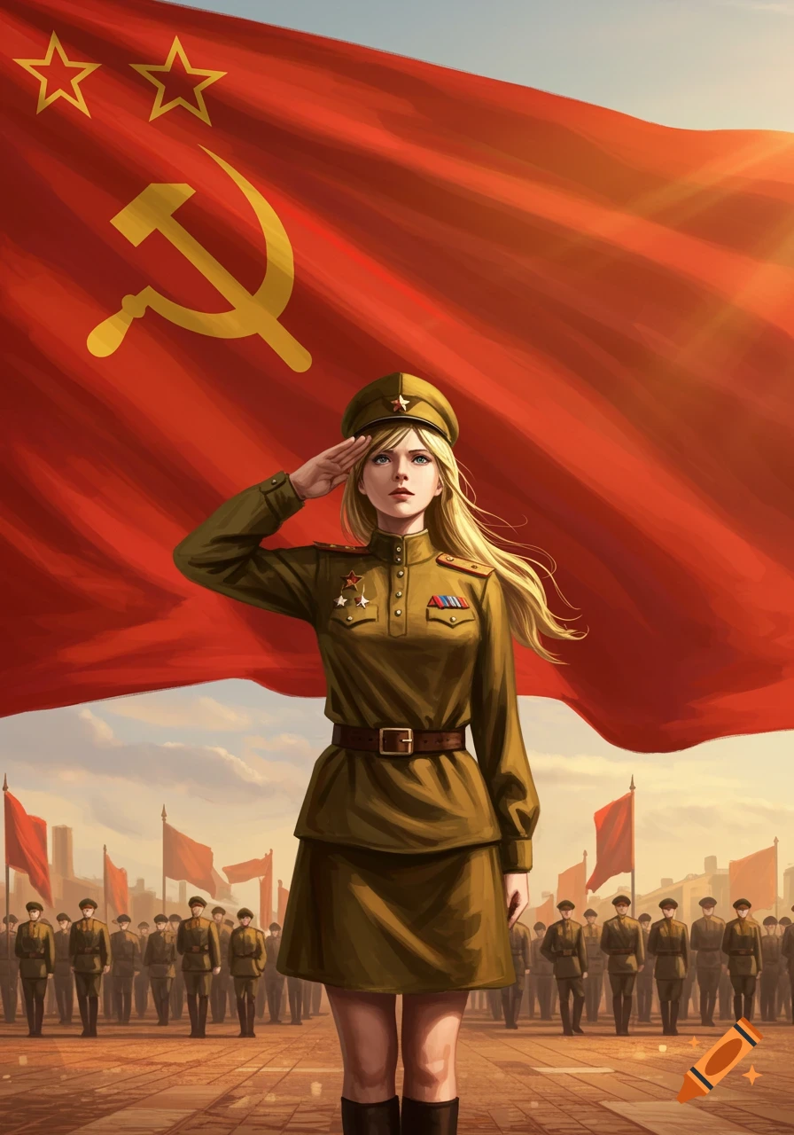 A blond woman in a Soviet military uniform salutes in front of a large red Soviet flag, with soldiers in the background.