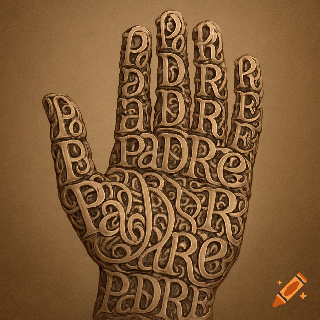 A detailed, golden-toned sculptural hand formed entirely from the stylized word 'Padre' repeated across its surface.