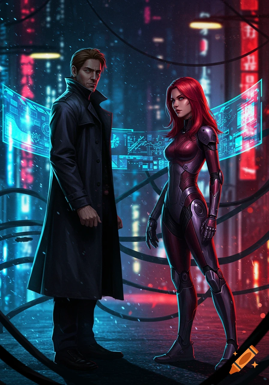 A man in a trench coat and a woman in a red armored suit stand in a neon-lit cyberpunk city with holographic displays.
