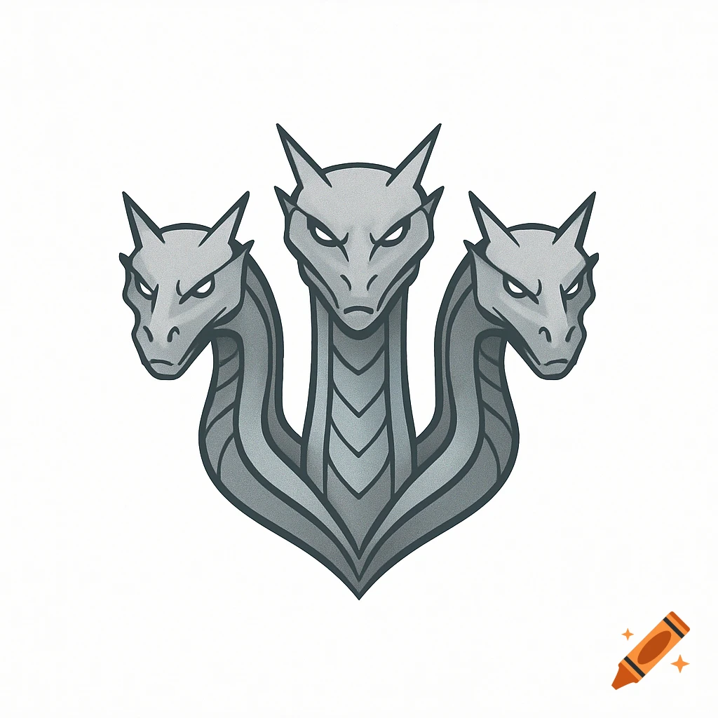 A minimalist logo design of a three-headed gray hydra or dragon, facing forward with sharp features.