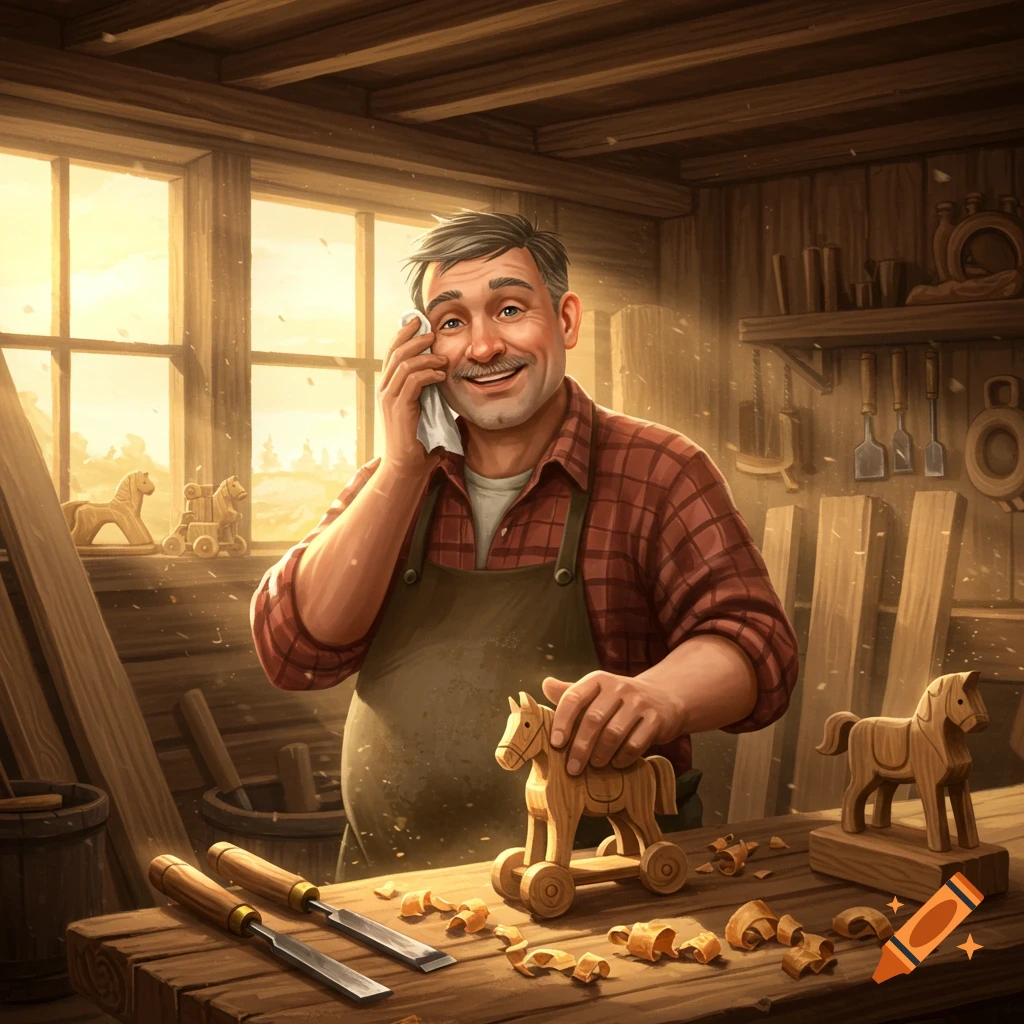 A smiling male carpenter in a rustic workshop wipes his brow while working on a wooden toy horse.