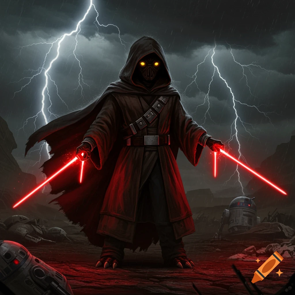 A dark Sith Lord with glowing eyes and two red lightsabers stands in a stormy, lightning-filled landscape with damaged droids.
