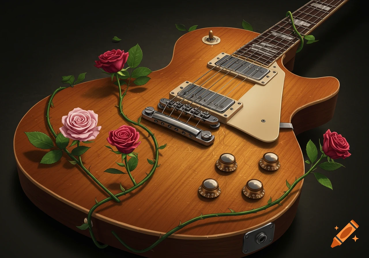 Close-up of a brown wooden electric guitar adorned with winding green rose vines and blooming pink and red roses.