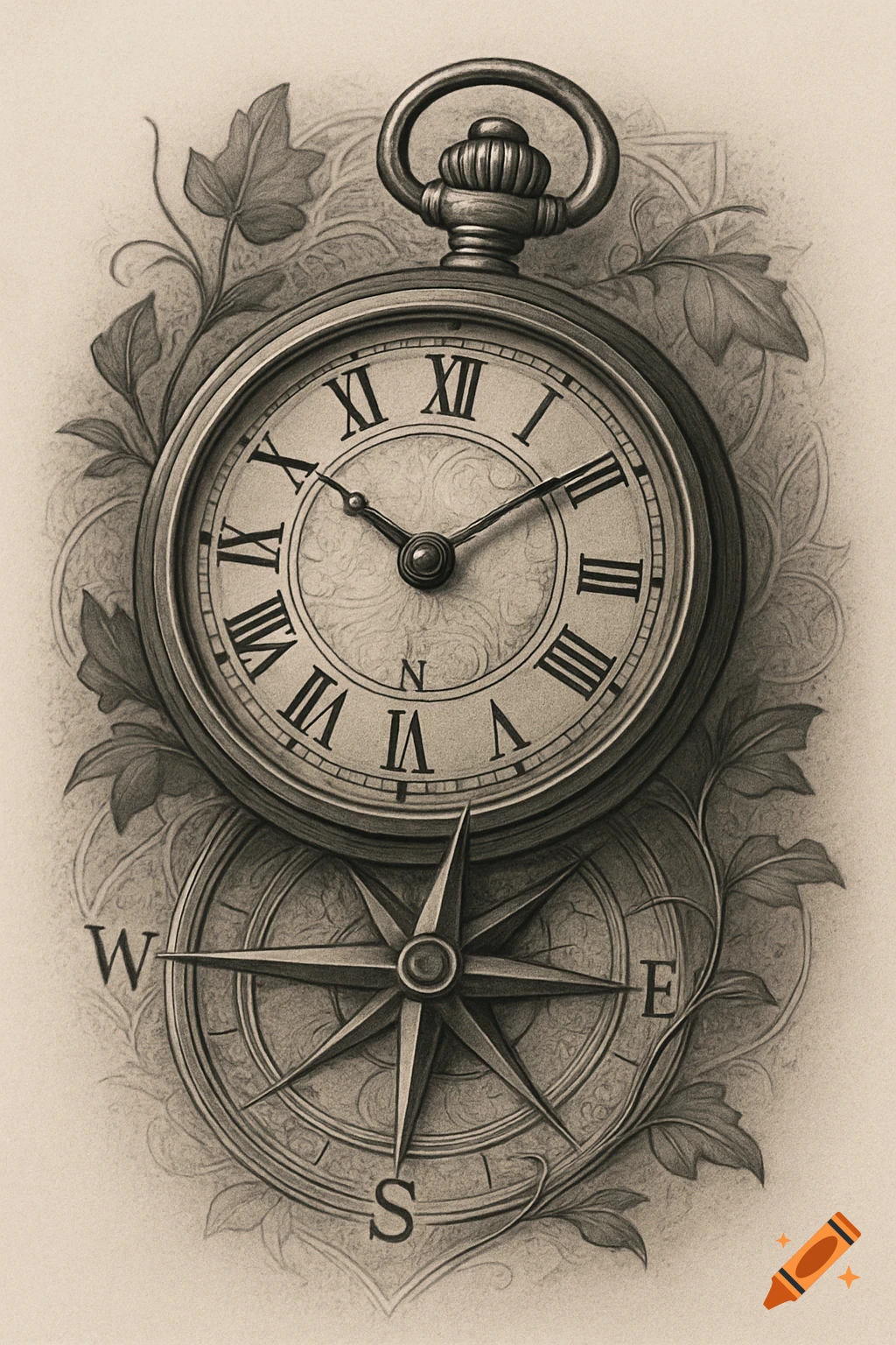 A detailed, vintage-style sketch of a pocket watch showing 9:30, integrated with a compass and surrounded by leafy vines.