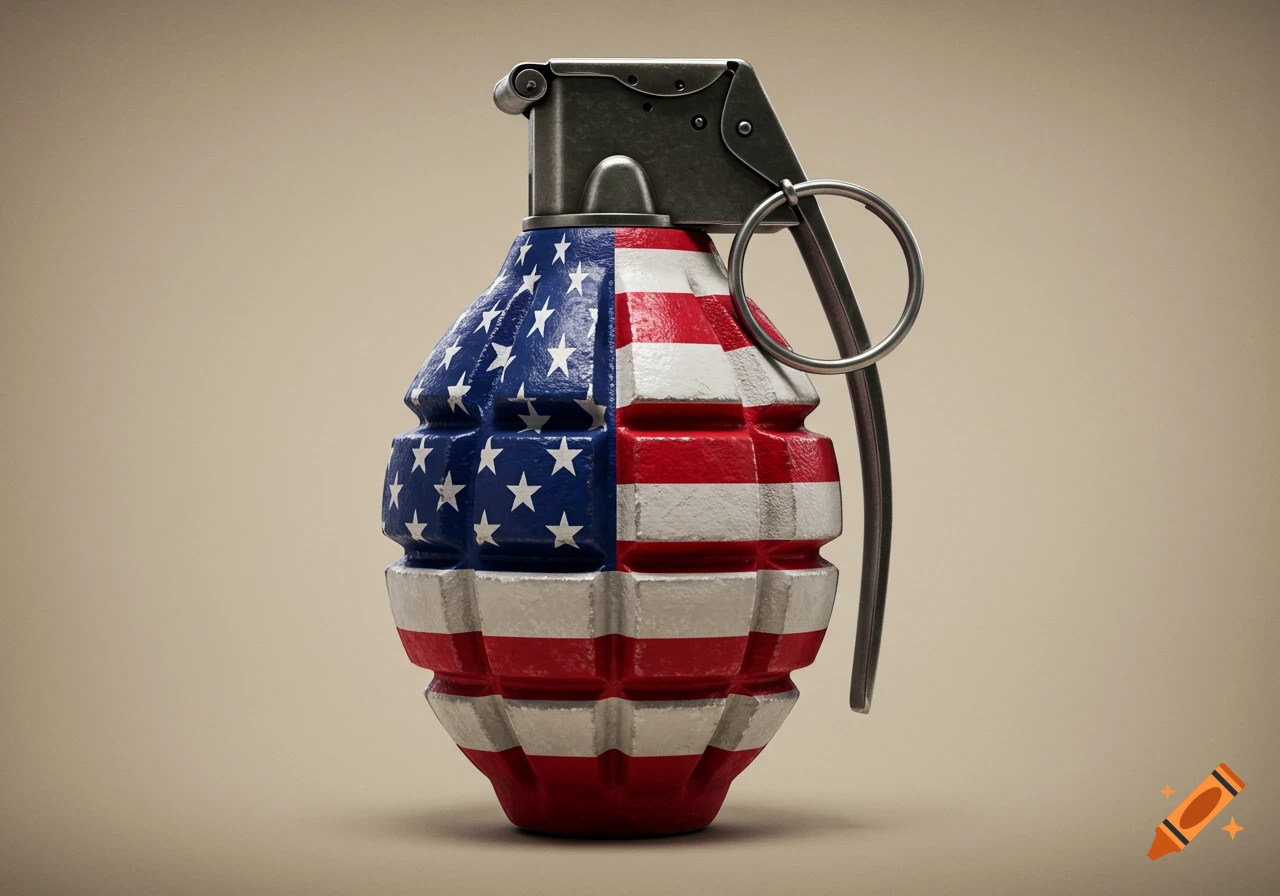 A photorealistic image of a hand grenade painted with the American flag.