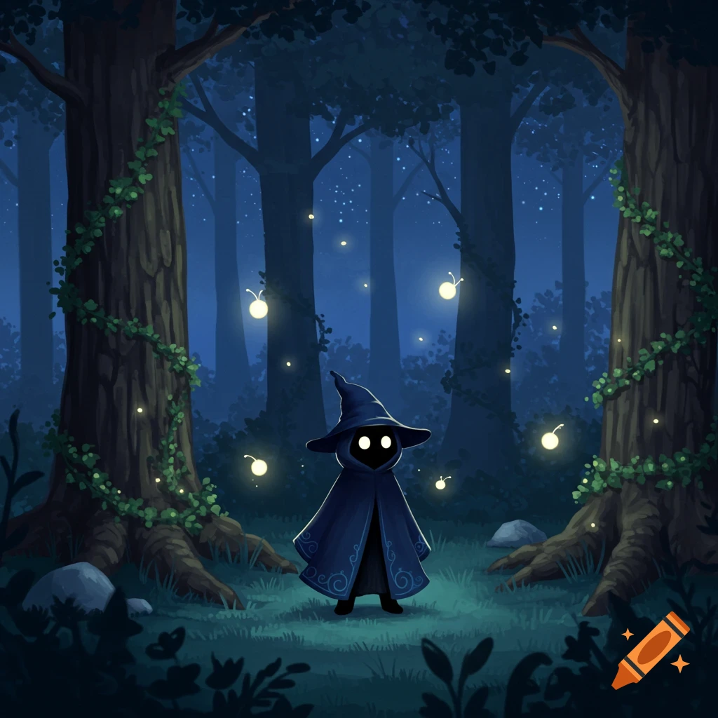 A small, cloaked figure with glowing eyes stands in a dark, enchanting forest illuminated by fireflies.