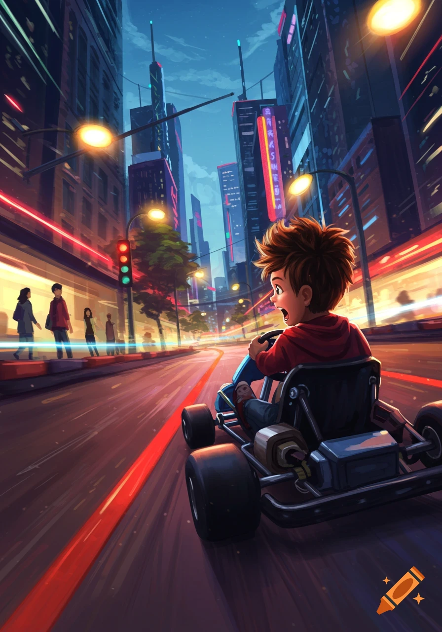Cartoon boy in a go-kart speeding through a neon-lit futuristic city at dusk.
