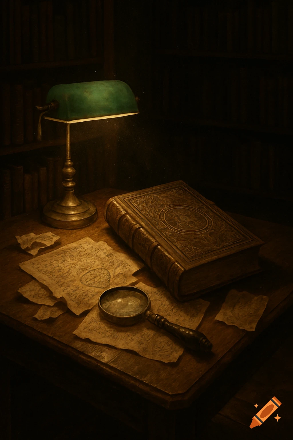 A dimly lit wooden desk with a green banker's lamp, an ornate large book, scattered old papers, and a magnifying glass.