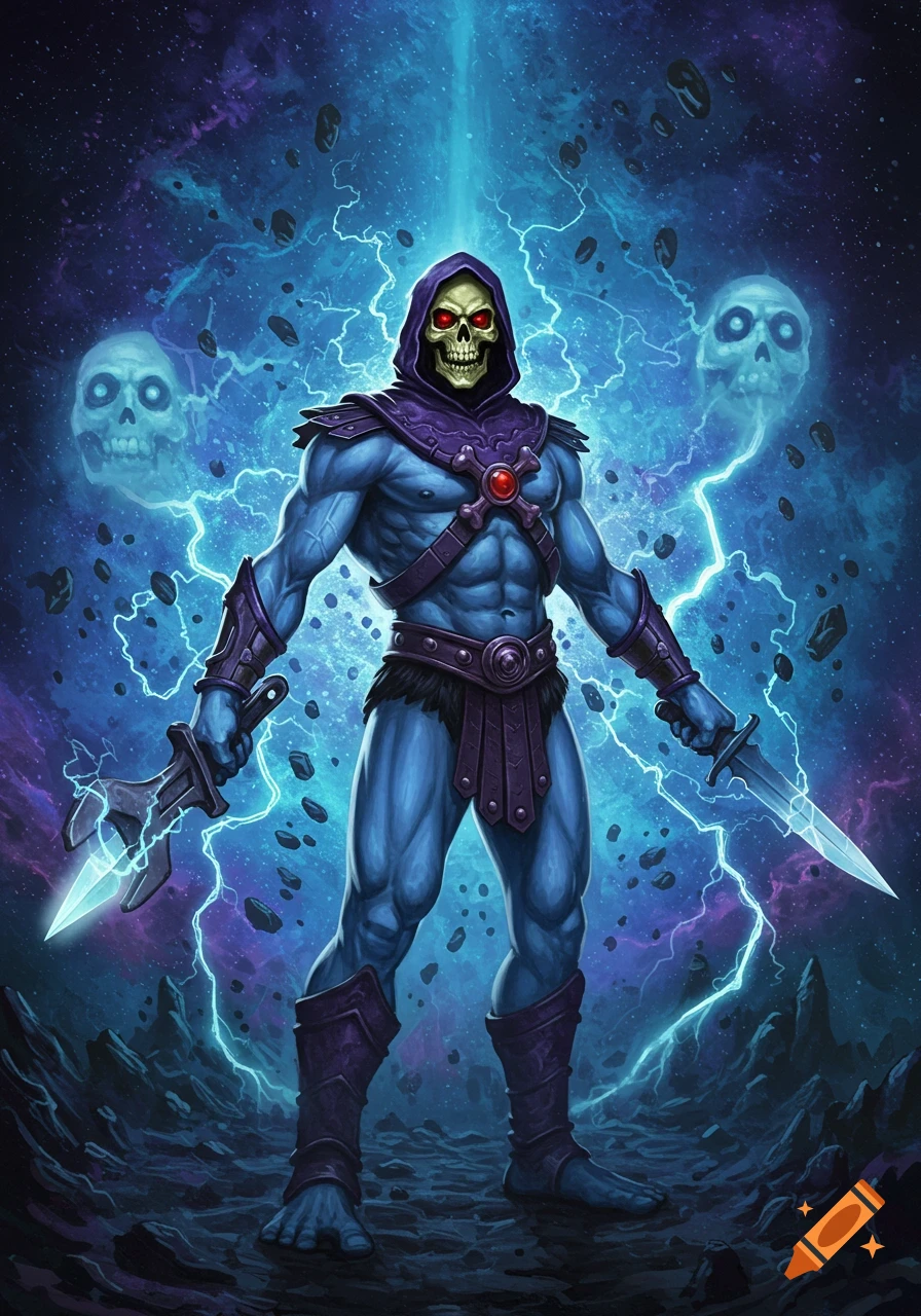 Skeletor, a blue-skinned skeletal figure in a purple hood, holds a glowing wrench and a knife against a vibrant cosmic background with lightning and floating skulls.