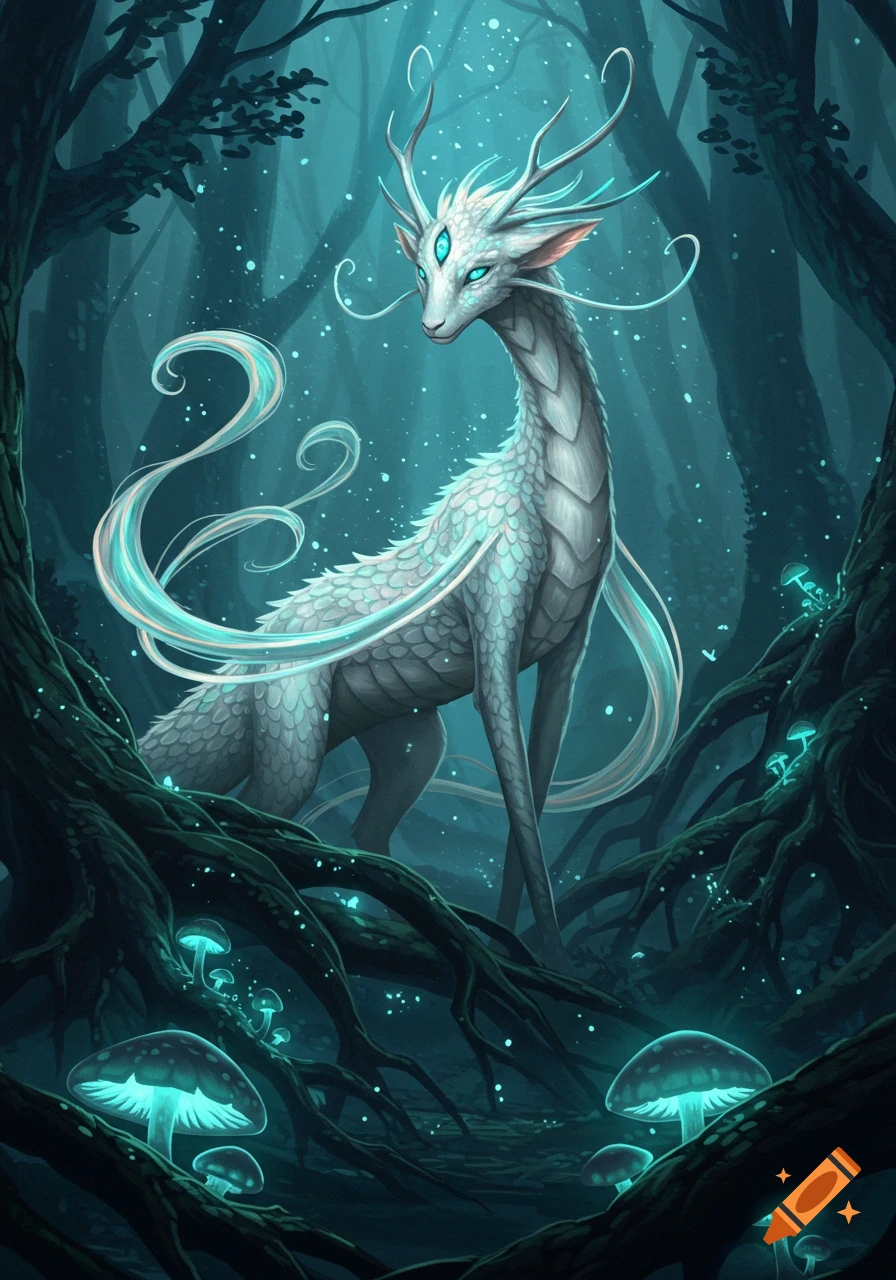 An ethereal white mythical creature with antlers and a third eye stands in a dark, glowing blue forest with bioluminescent mushrooms.