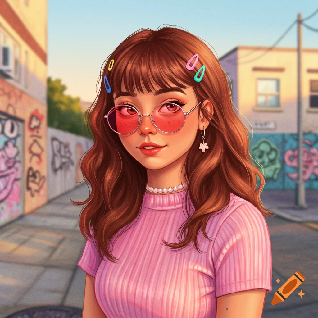 A stylized portrait of a young woman with long brown hair, pink sunglasses, a pearl necklace, and a pink ribbed top, set against a blurred urban background with graffiti.