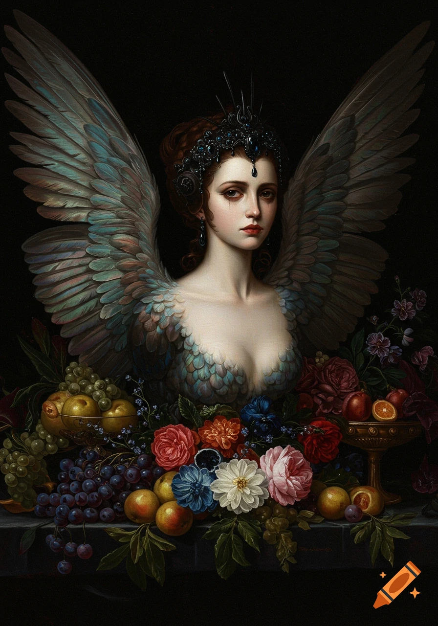 An oil painting of a melancholy harpy woman with large wings and a crown, surrounded by an abundant still life of jewel-toned flowers and ripe fruit.
