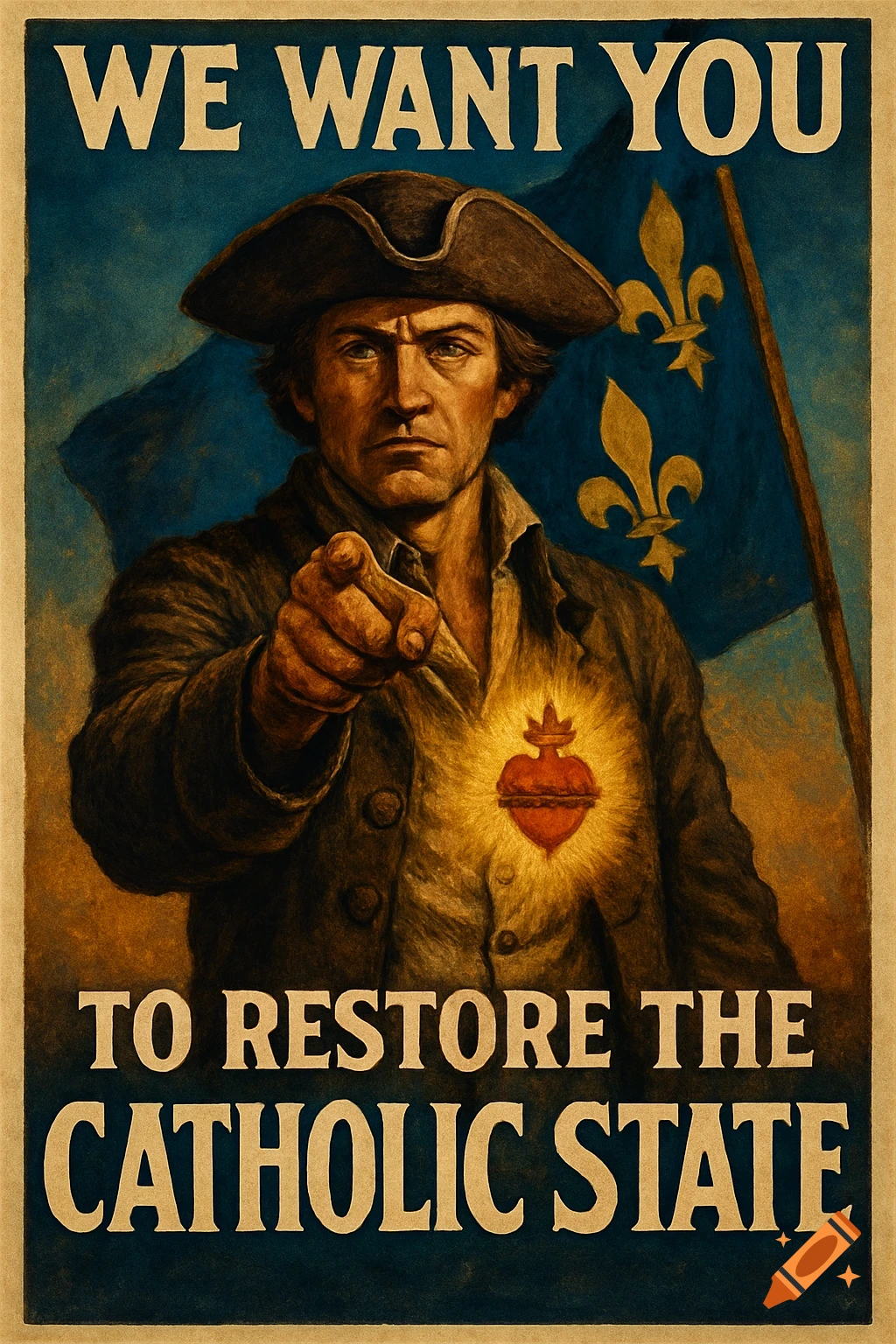 Propaganda poster: 18th-century man pointing, glowing Sacred Heart, Bourbon flag. Text: 'WE WANT YOU to restore the Catholic State'.