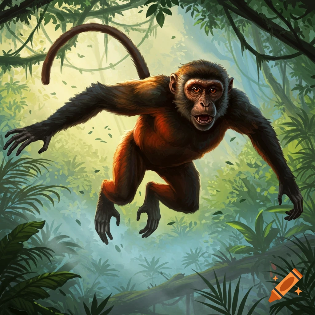 A brown and black monkey with red fur on its belly leaps through a vibrant, lush green jungle. Illustrated style.