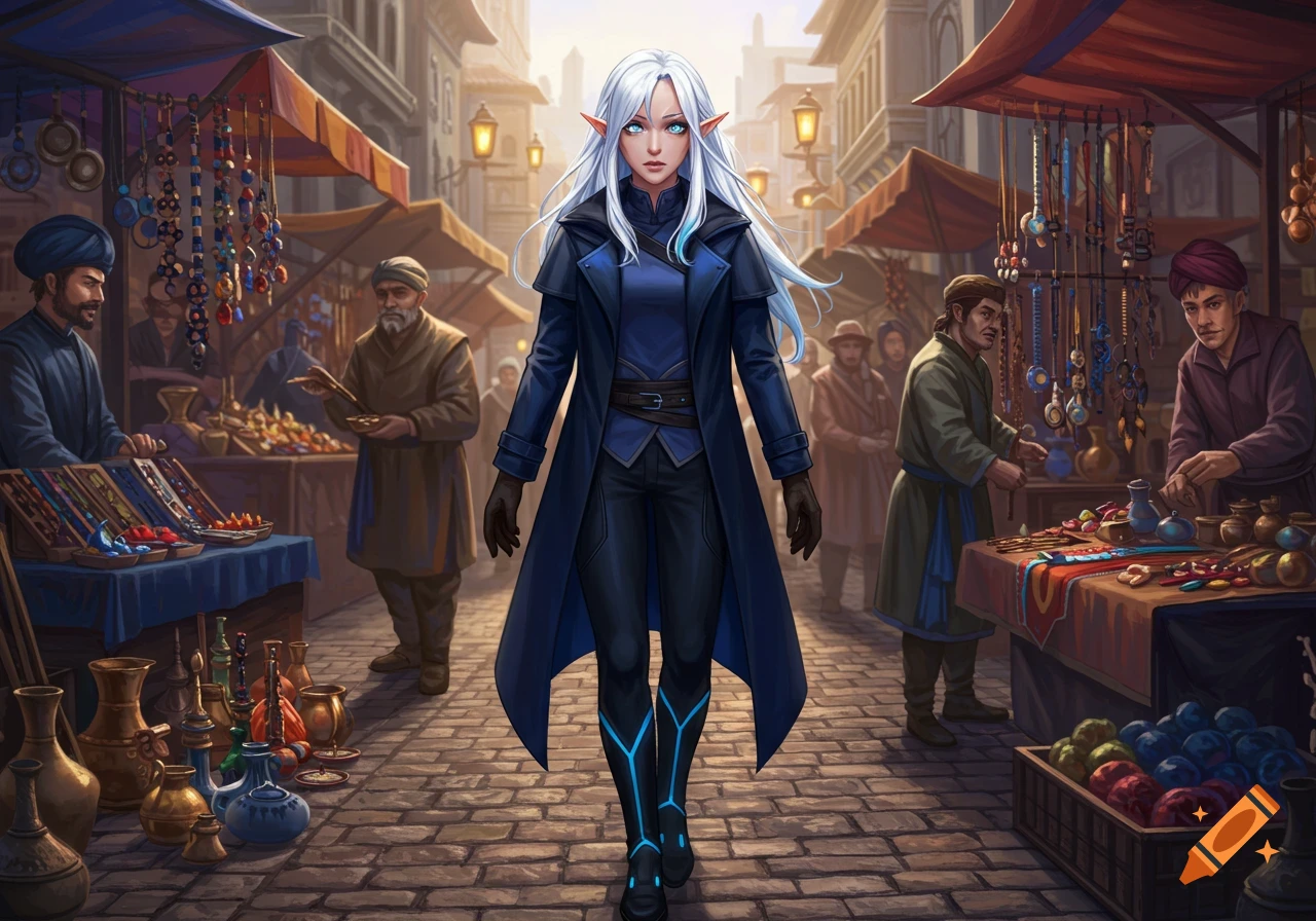 An anime elf woman with white hair and blue eyes walks through a bustling fantasy market street.