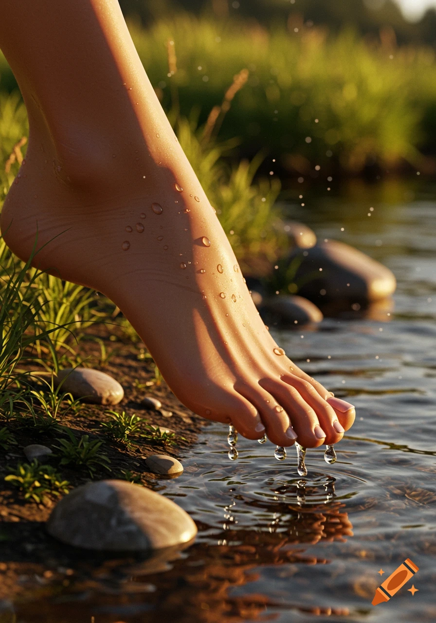 A photorealistic close-up of a human foot with water drops in a sunlit stream with rocks and grass.
