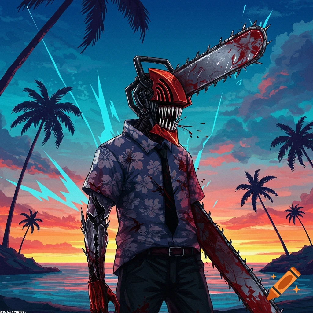 Stylized Chainsaw Man character in a Hawaiian shirt and tie, with chainsaw head and bloody chainsaw arm, on a tropical beach at sunset.