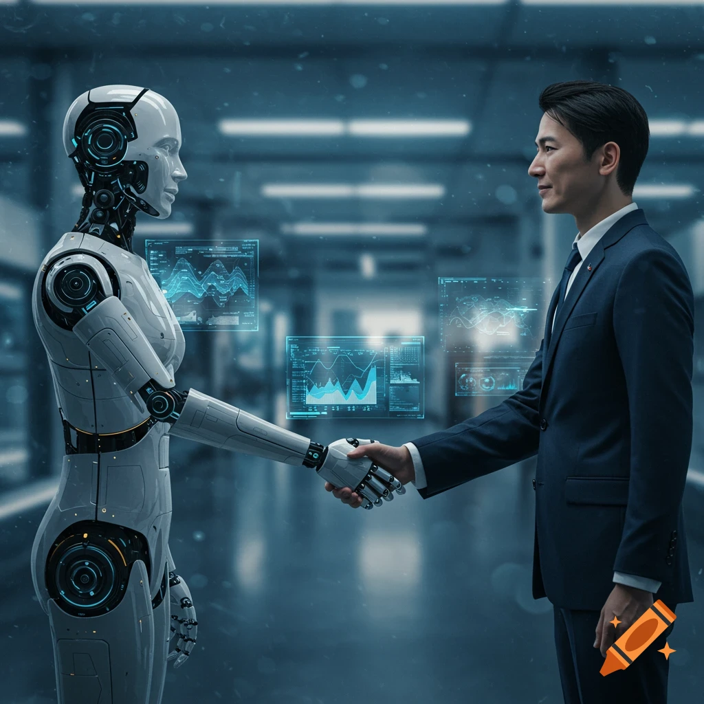 A man in a suit shakes hands with a humanoid robot, surrounded by holographic data screens.