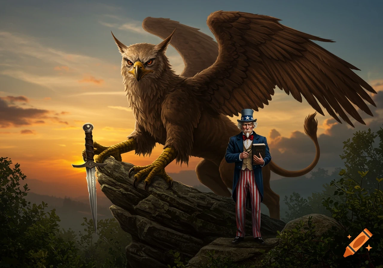 A large griffin stands on a rocky outcrop holding a dagger, while Uncle Sam stands beside it holding a bible, set against a dramatic sunset sky.