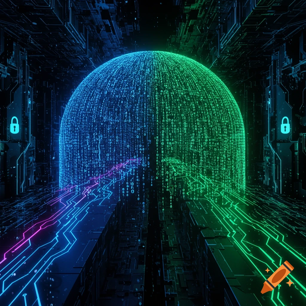 A glowing blue and green sphere made of binary code with neon circuit lines and lock icons, representing cybersecurity and data flow.