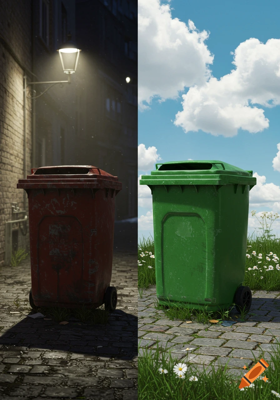 A split image showing a dirty red trash can in a dark alley at night and a clean green trash can in a sunny, grassy outdoor setting.