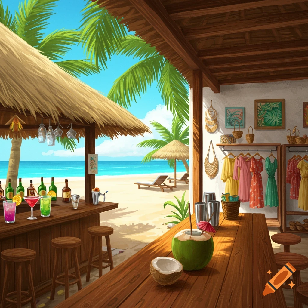 A colorful illustration of a tropical beach bar with a thatched roof, opening onto a sandy beach and blue ocean, with a clothing boutique on the right.