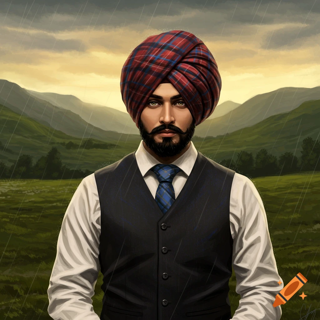 A stylized portrait of a man with a beard and a red and blue plaid turban, wearing a vest and tie, in a rainy green landscape.