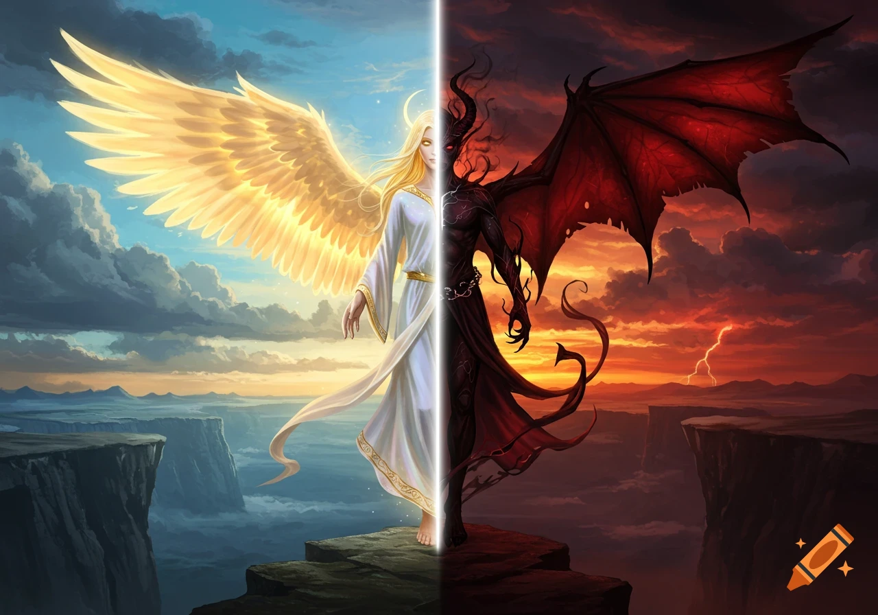 Fantasy artwork of a figure split, half radiant angel with golden wings, half dark demon with red wings, standing on a cliff with a divided sky.