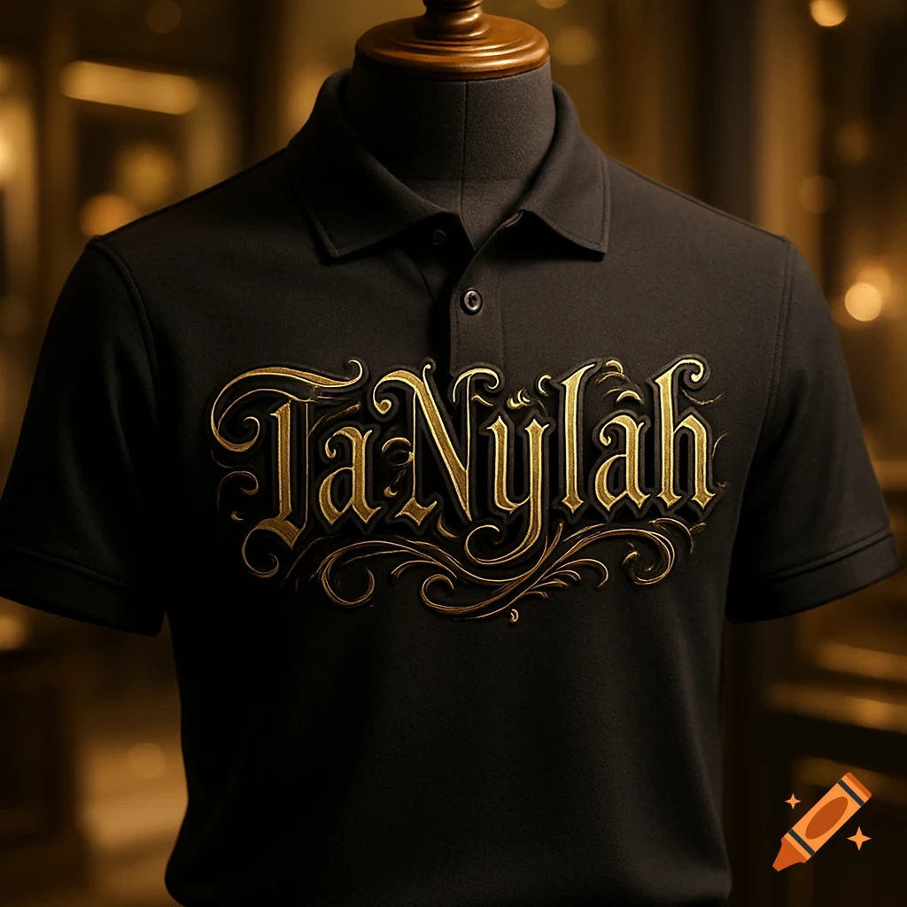 Close-up of a black polo shirt on a mannequin, featuring ornate gold lettering that spells 'TaNylah'.