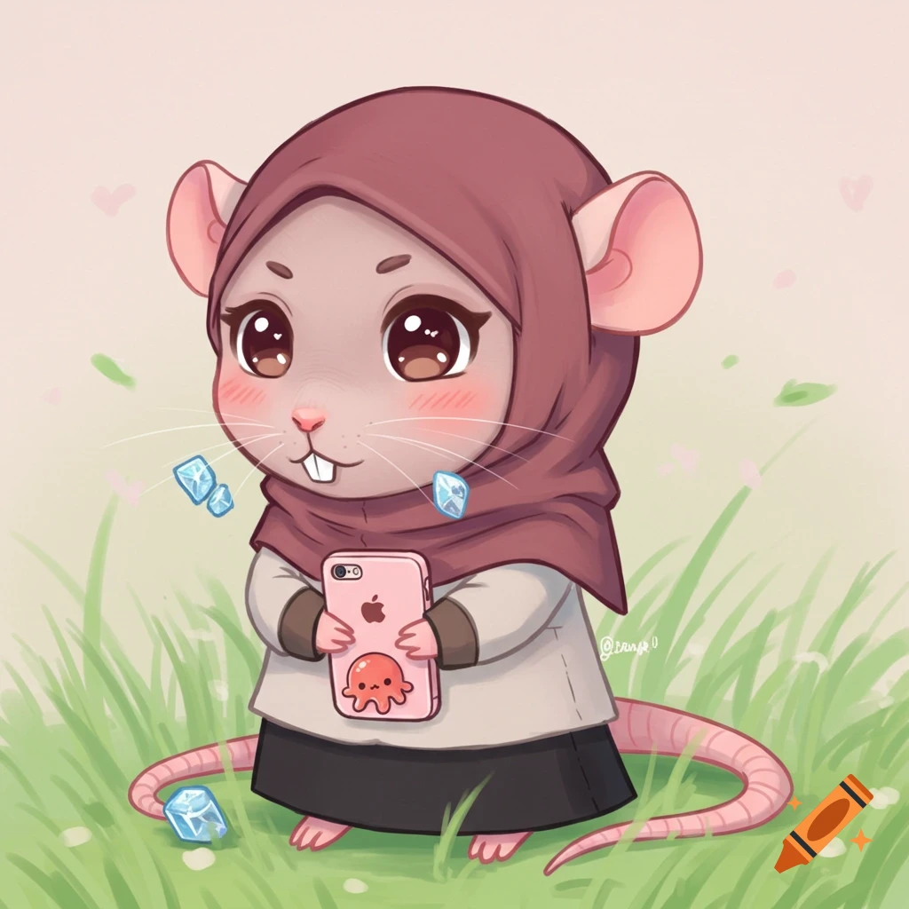 A cute chibi rat wearing a pink hijab holds a pink iPhone with an octopus sticker, surrounded by grass and ice cubes.
