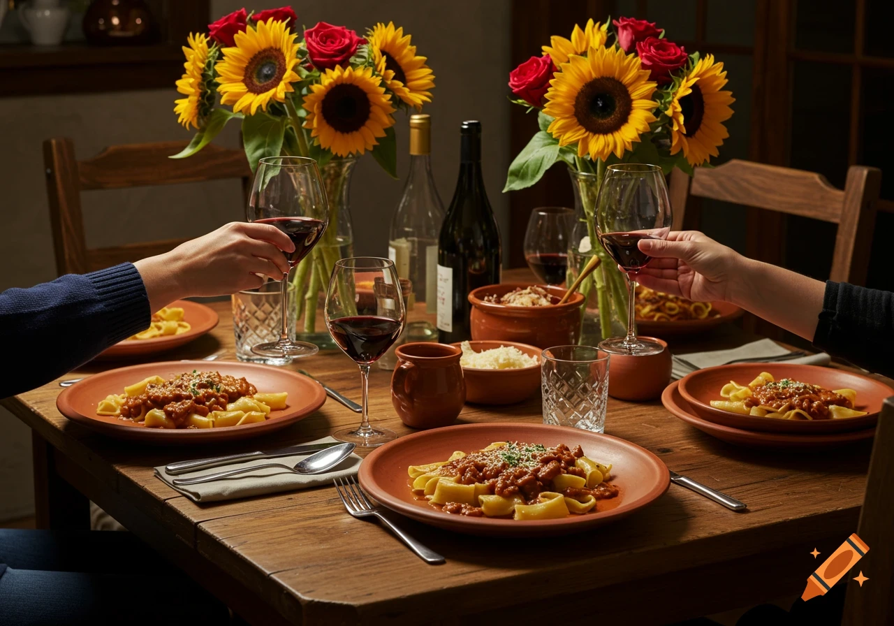 A cozy dinner table set with plates of pasta, wine glasses, bottles, and bouquets of sunflowers and roses. Two people toast with wine.