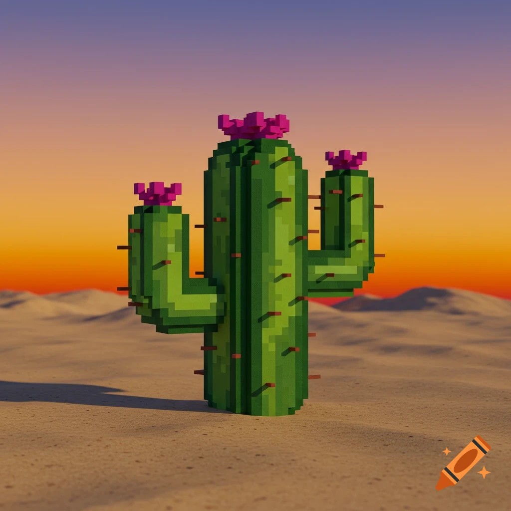 A vibrant pixel art cactus with pink flowers stands in a vast sandy desert under an orange and purple sunset sky.