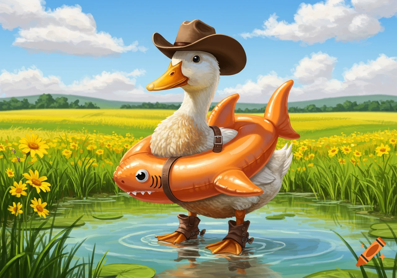 A cartoon duck in a cowboy hat and boots, wearing an orange shark float, stands in a pond amidst a field of yellow flowers.