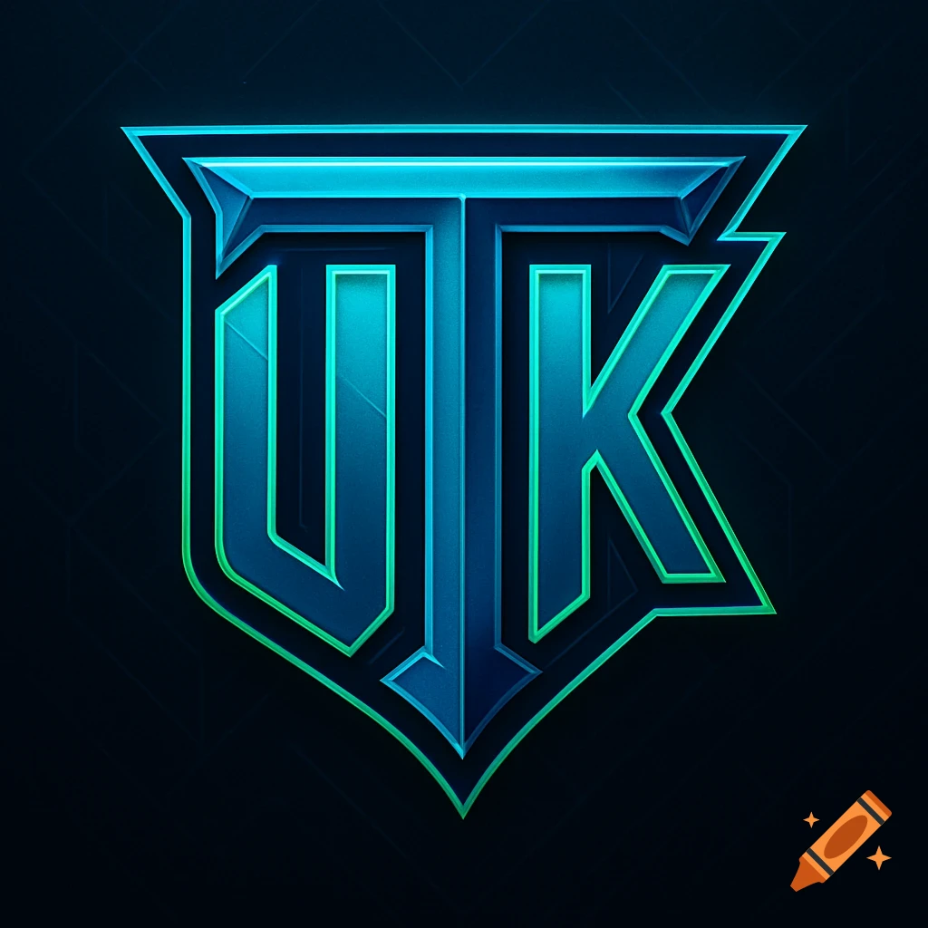 A stylized gaming logo featuring metallic blue and green letters UTK within a shield shape on a dark background.