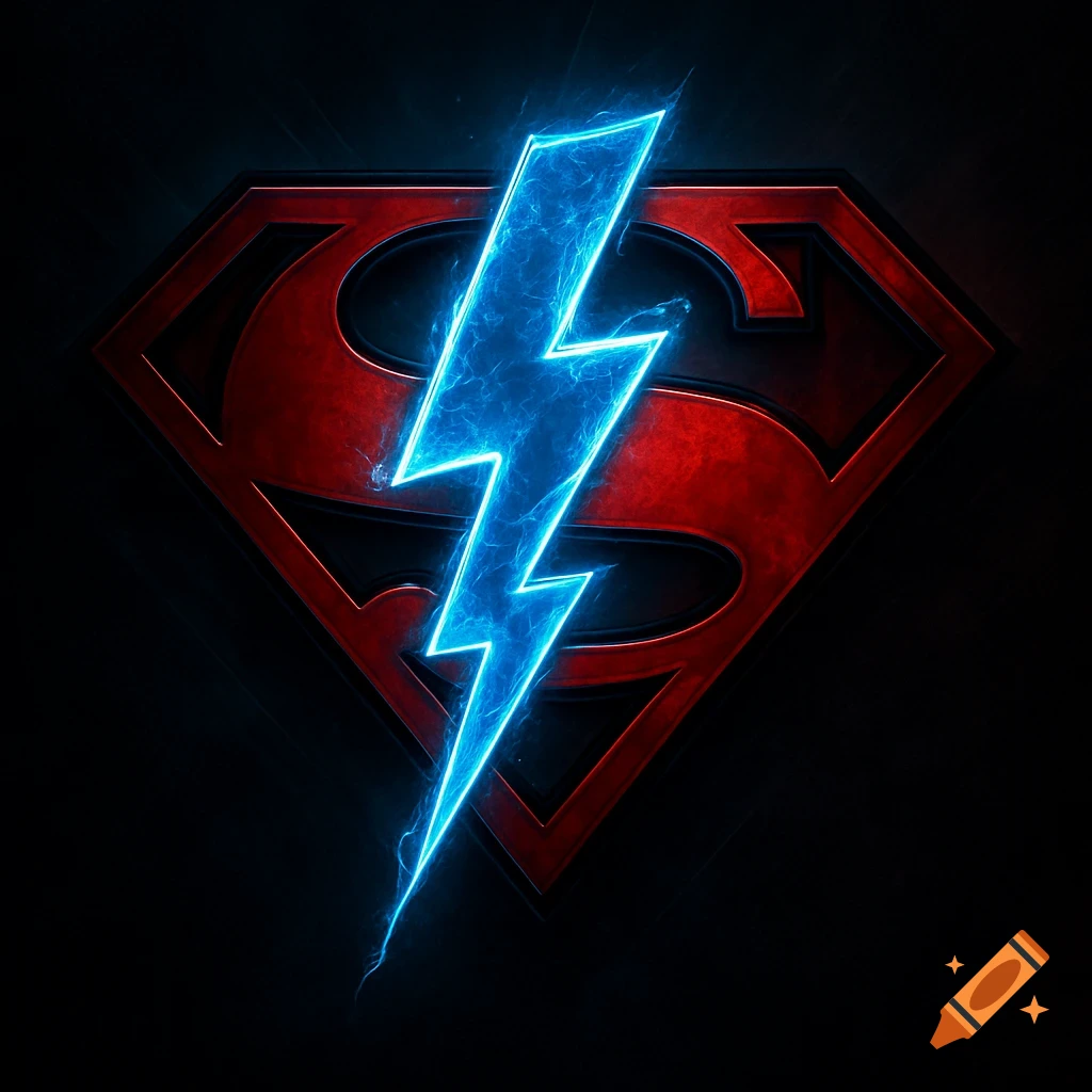 A red Superman shield with a glowing blue lightning bolt emblazoned across it, set against a dark background.
